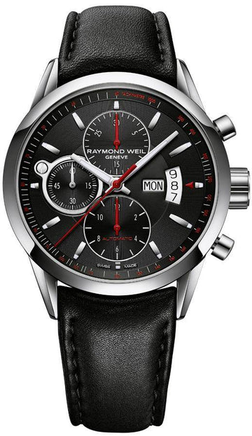 Raymond Weil Freelancer 42mm horloge met zwarte wijzerplaat, chronograaf en leren band. Luxe Swiss Made herenhorloge voor elke gelegenheid.