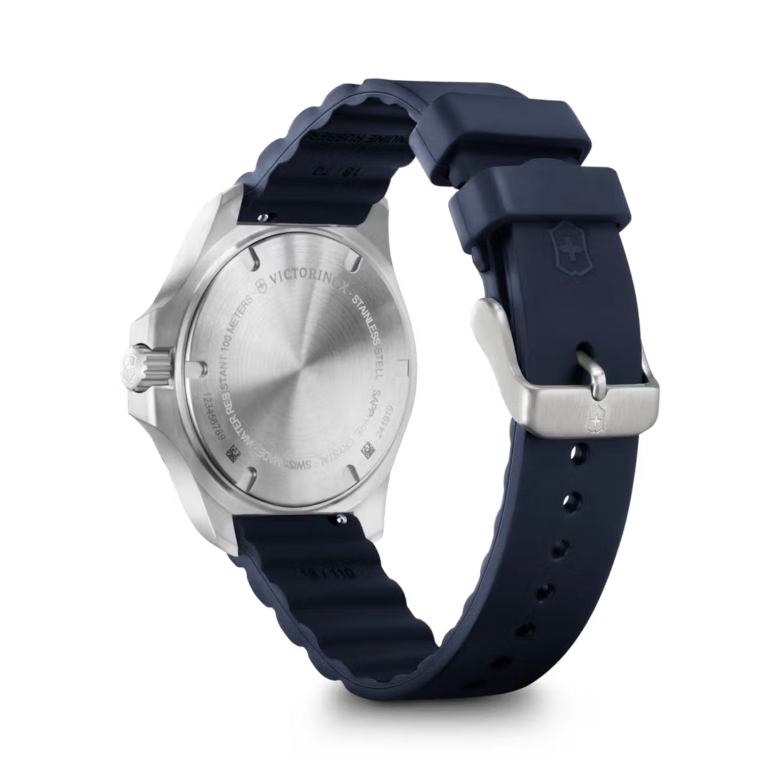 Victorinox dameshorloge voor slanke pols met 37mm roestvrijstalen kast, witte wijzerplaat en blauwe rubberen band. Swiss Made, waterdicht tot 10ATM.