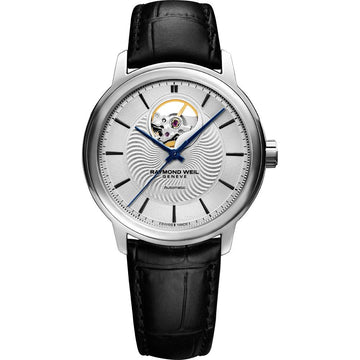 Raymond Weil Maestro Herenhorloge 39,5 met zilveren wijzerplaat, open balanswiel en zwarte lederen band. Zwitsers automatisch uurwerk.