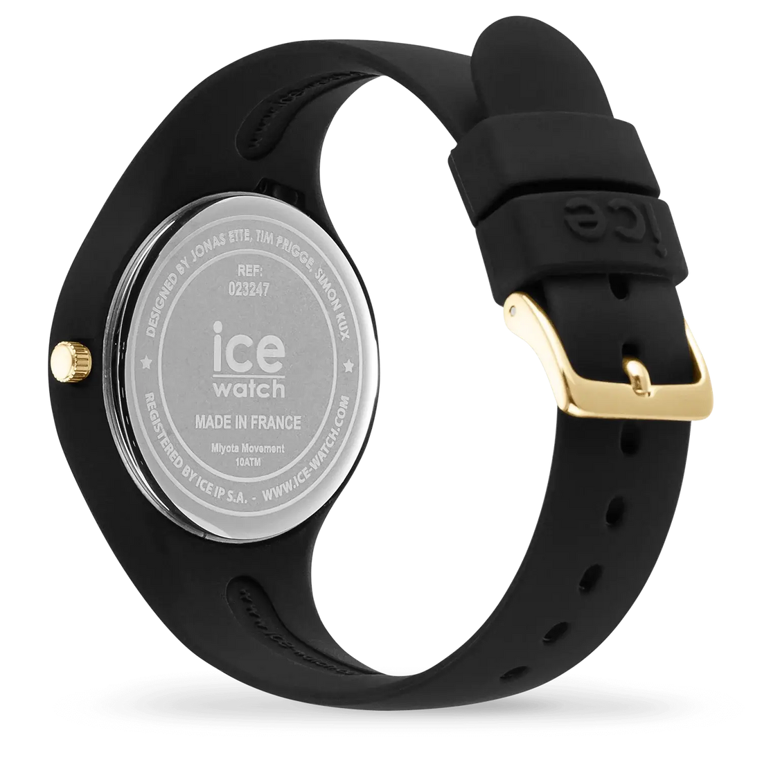 Ice-Iconic 31mm dameshorloge van Ice-Watch met zwarte siliconen band, goudkleurige wijzerplaat en Eiffeltoren design, waterbestendig tot 10 ATM.