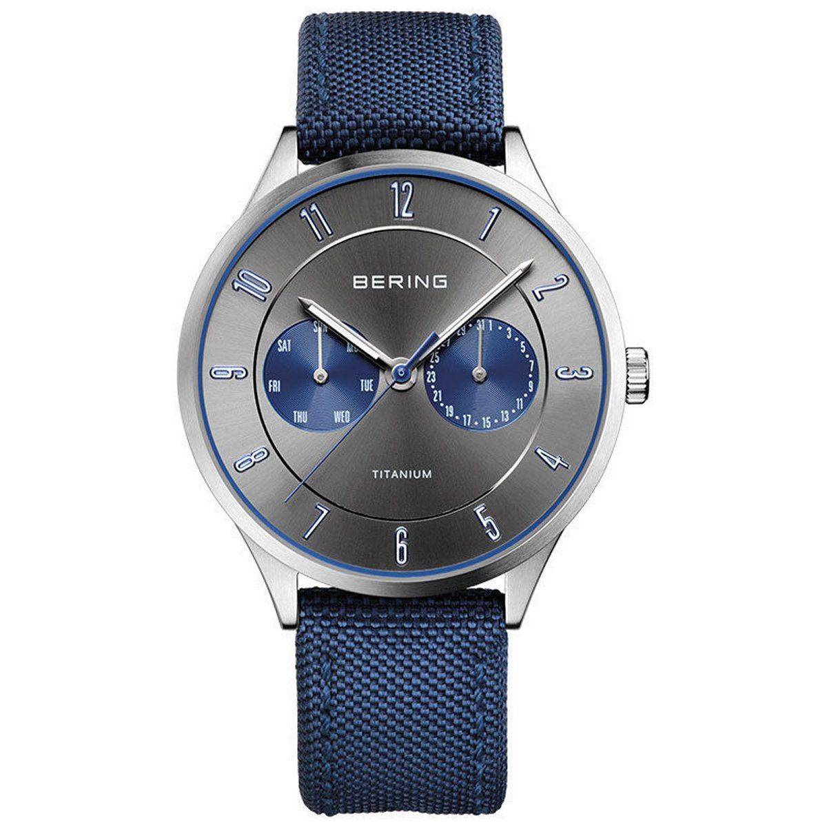Bering Herenhorloge Grijs RVS & Blauwe Nato Band, Saffierglas, 37-40mm