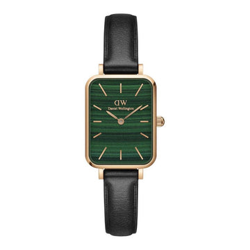 Daniel Wellington DW00100439 dameshorloge met rechthoekige groene wijzerplaat en zwarte leren band, elegant accessoire voor dames.