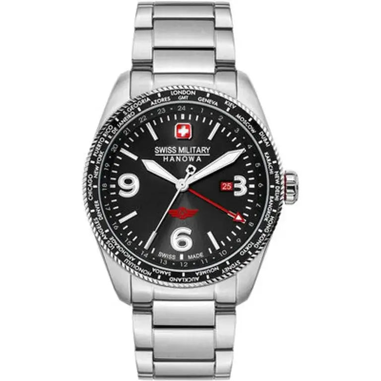 Swiss Military Hanowa CITY HAWK SMWGH2100904 herenhorloge 42mm met zwarte wijzerplaat, roestvrijstalen band en wereldtijdfunctie.