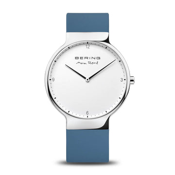 Stijlvol Bering Herenhorloge Grijs RVS met Blauw Siliconen Band - 37-40mm