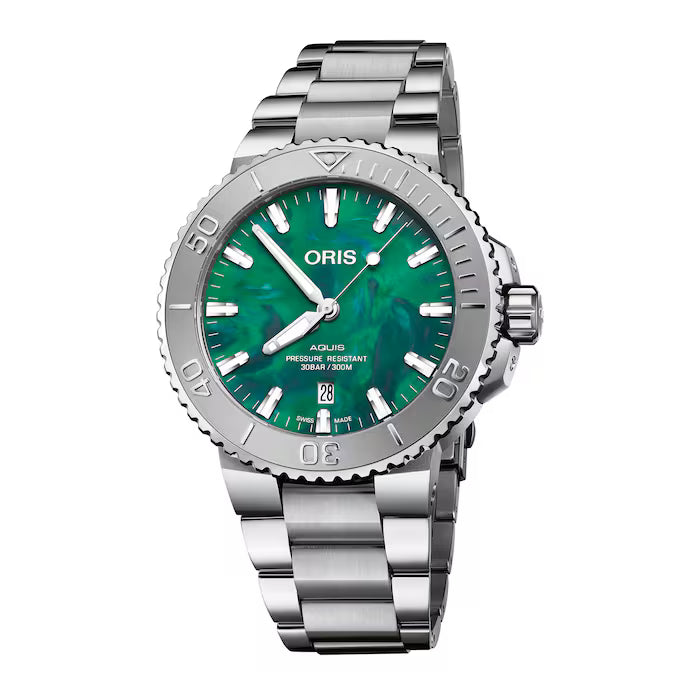 Oris Aquis X Bracenet Herenhorloge 43.5mm met roestvrijstalen band en groene wijzerplaat, ideaal voor stijlvolle en duurzame mannenaccessoires.