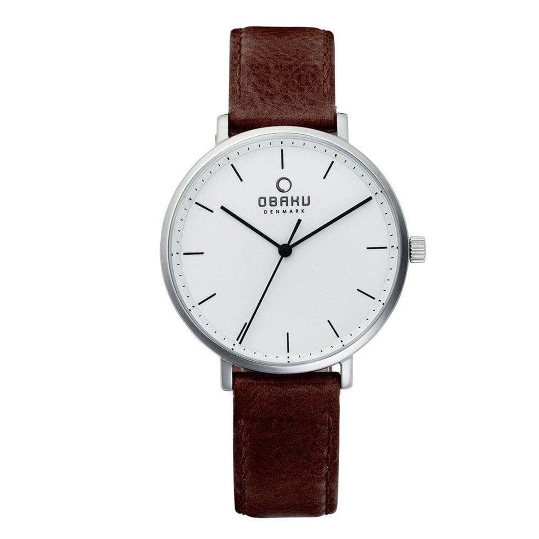 Obaku Denmark Dameshorloge 37mm met witte wijzerplaat en bruin leren bandje, minimalistisch design voor dames. Elegant horloge in Scandinavische stijl.