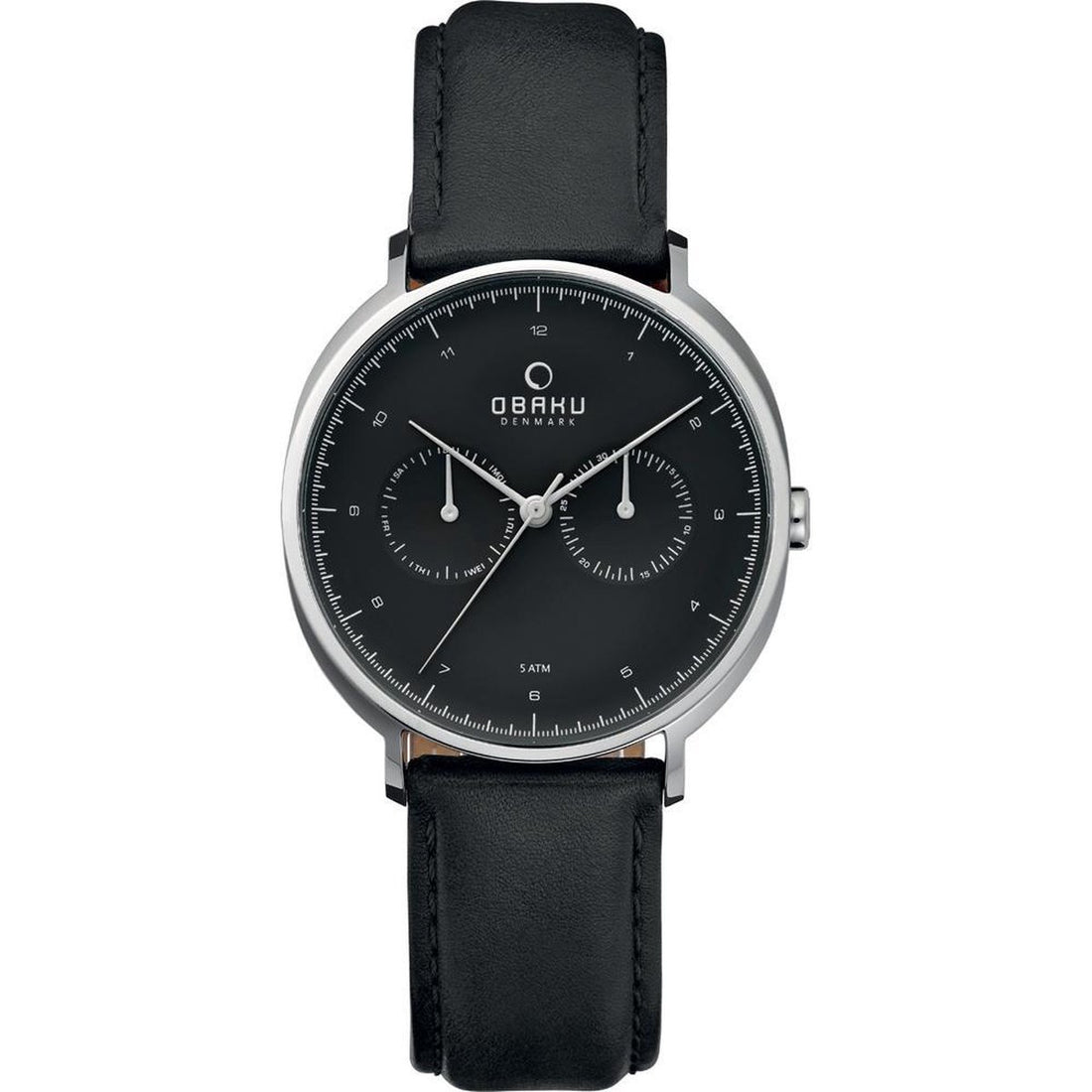Obaku Denmark V193GM CBRB Herenhorloge 44mm met zwart-blauwe wijzerplaat en leren band, minimalistisch design voor moderne mannen.