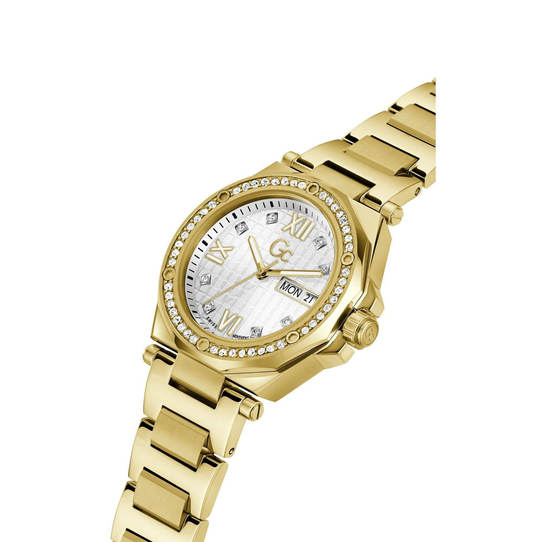 Gc Dameshorloge 34mm - Classic Collection Z38001L9MF met goudkleurige schakelband en kristallen bezel. Luxe Swiss Made dames horloge.