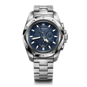 Victorinox I.N.O.X. Chronograaf Herenhorloge 241985 met blauwe wijzerplaat, roestvrijstalen band en 43mm kast, waterdicht tot 20 ATM. Luxe Swiss Made horloge voor heren in de categorie horloges.