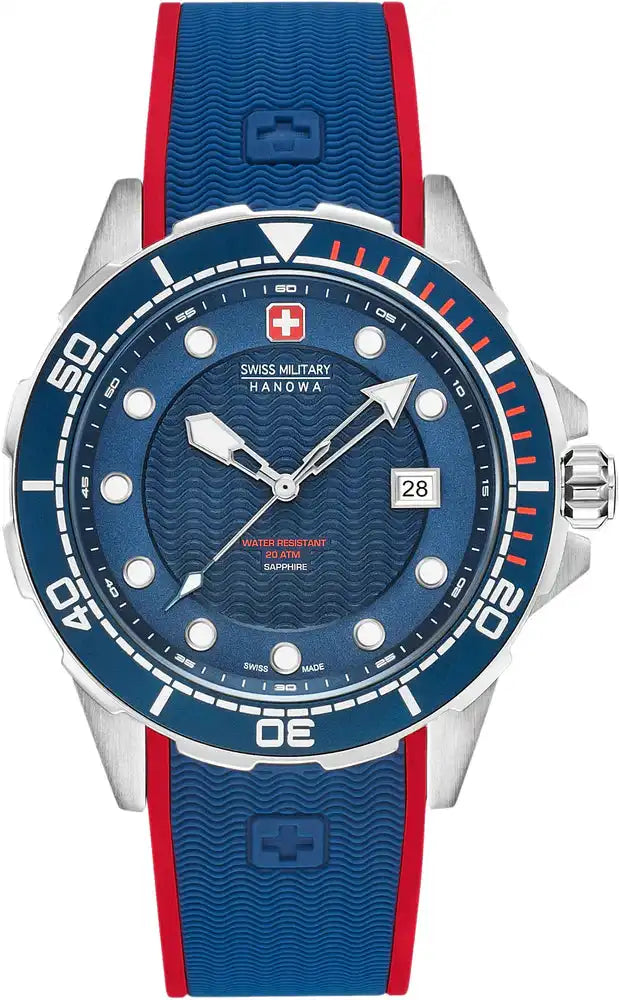 Swiss Military Hanowa Diver horloge voor heren met blauwe wijzerplaat, roestvrijstalen kast van 44mm en rode-blauwe siliconen band, 20ATM waterdicht.