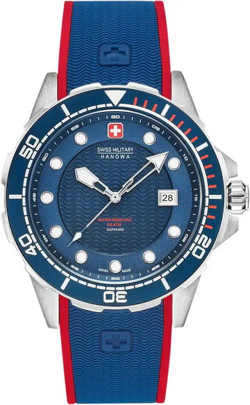Swiss Military Hanowa Diver horloge voor heren met blauwe wijzerplaat, roestvrijstalen kast van 44mm en rode-blauwe siliconen band, 20ATM waterdicht.