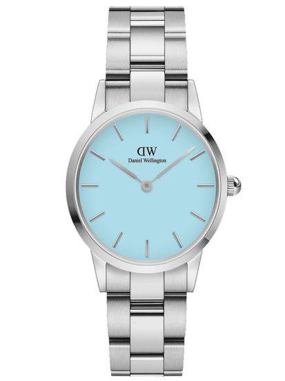 Daniel Wellington Iconic Link Capri Horloge 32mm DW00100541 met zilverkleurige schakelband en lichtblauwe wijzerplaat, damesmodel.
