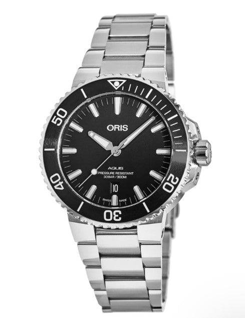 Oris Aquis Date horloge 39,5mm met zwarte wijzerplaat en roestvrijstalen band. Uniseks dames horloge, Swiss Made duikdesign.
