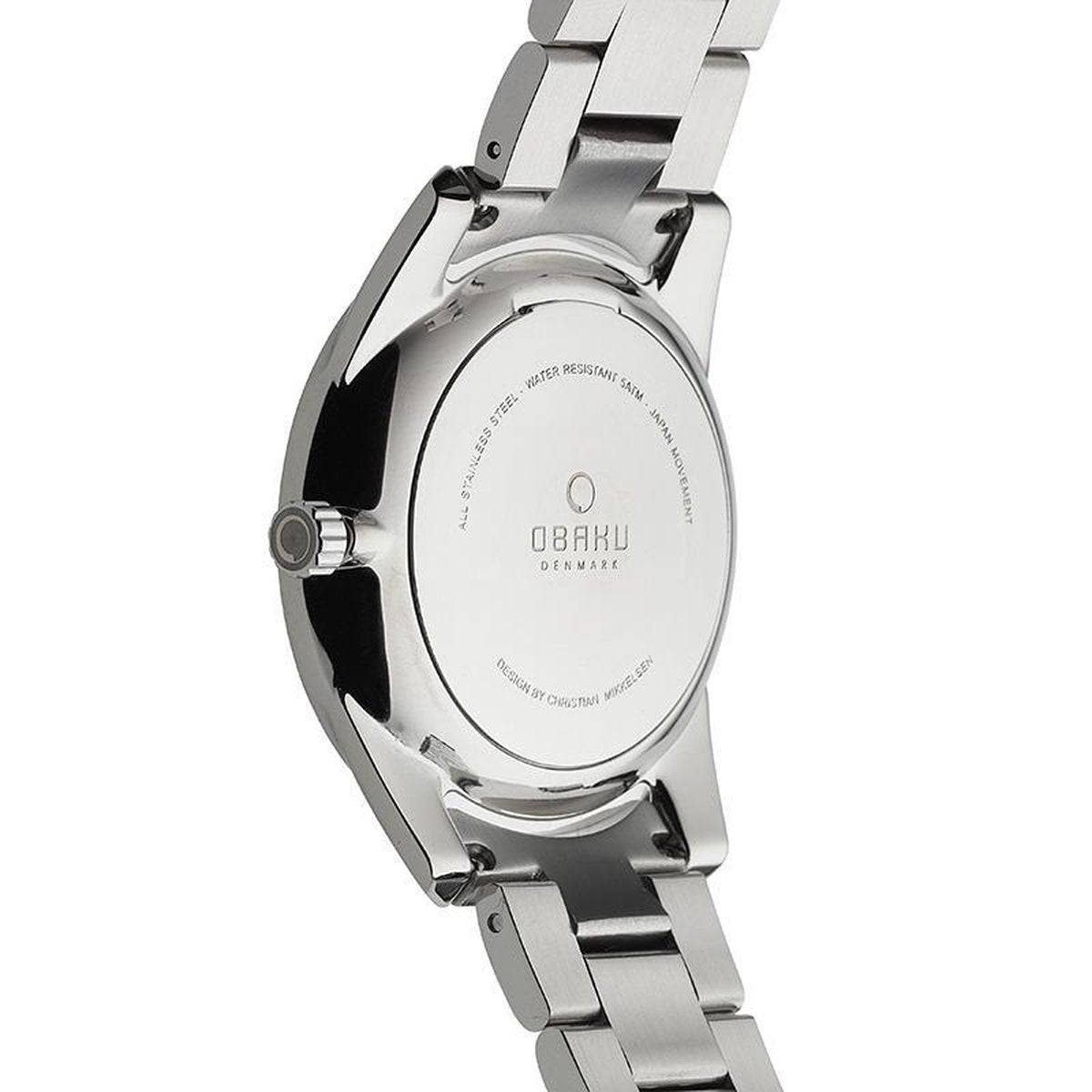 Achterkant van de Obaku Denmark Herenhorloge 40mm - V171GM CWSC met roestvrijstalen kast en schakelband. Luxe afwerking voor heren.