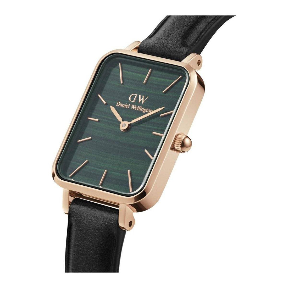 Daniel Wellington DW00100439 dameshorloge met rechthoekige groene wijzerplaat en zwarte leren band, elegant accessoire voor dames.
