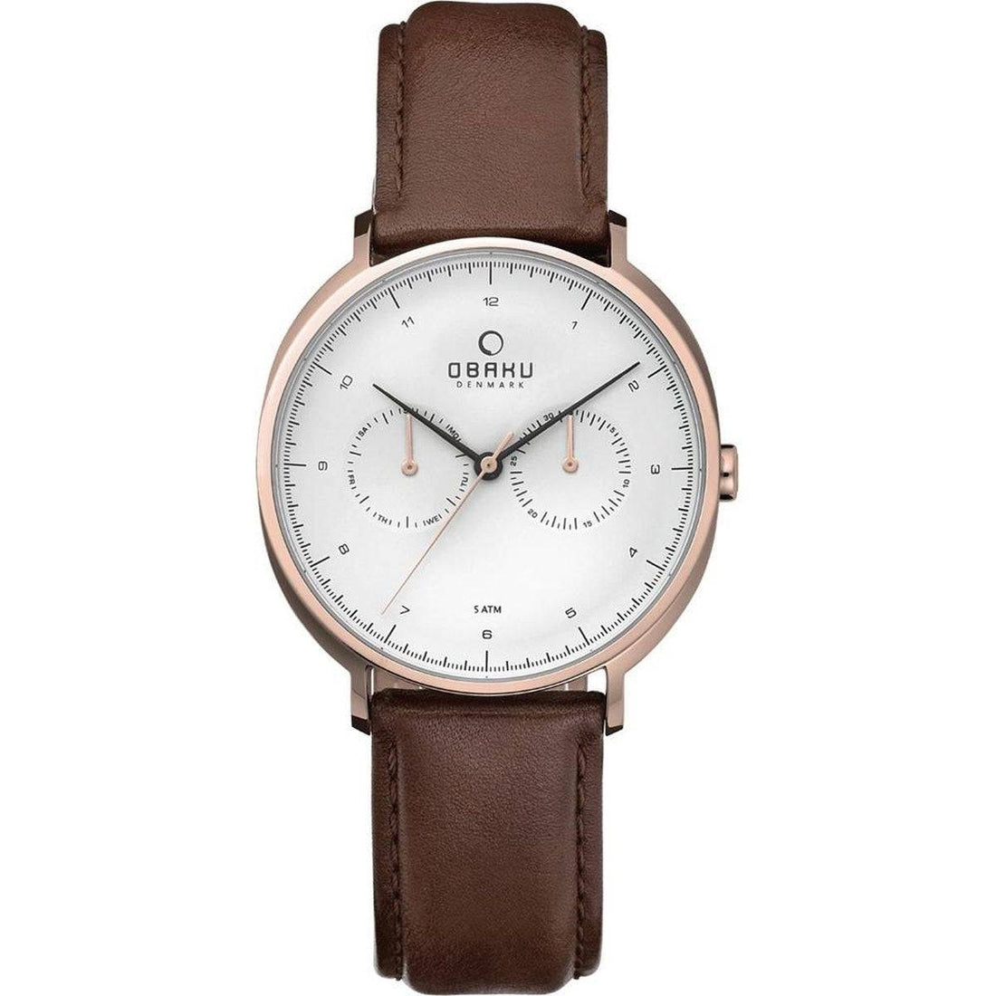 Obaku Denmark herenhorloge V193GM 44mm kopen met witte wijzerplaat, roségouden kast en bruine leren band. Elegant design voor elke gelegenheid.
