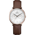 Obaku Denmark herenhorloge V193GM 44mm kopen met witte wijzerplaat, roségouden kast en bruine leren band. Elegant design voor elke gelegenheid.