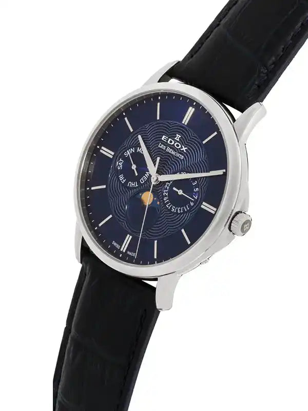Edox Les Bémonts Chrono herenhorloge 42mm met blauwe wijzerplaat, maanfasefunctie en lederen band. Zwitsers quartz uurwerk voor stijlvolle heren.