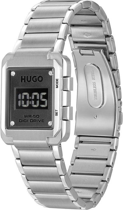 Hugo Boss Orange Thrive HU1530356 herenhorloge met digitaal display, zilverkleurige metalen band en rechthoekige kast van 30x40mm. Stijlvol en modern accessoire voor heren.