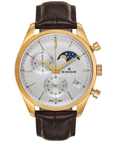 Edox Les Vauberts herenhorloge 26023‑37J‑AID met goudkleurige kast, maanfase en bruine lederen band. Swiss Made elegantie voor heren.