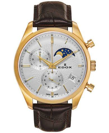 Edox Les Vauberts herenhorloge 26023‑37J‑AID met goudkleurige kast, maanfase en bruine lederen band. Swiss Made elegantie voor heren.