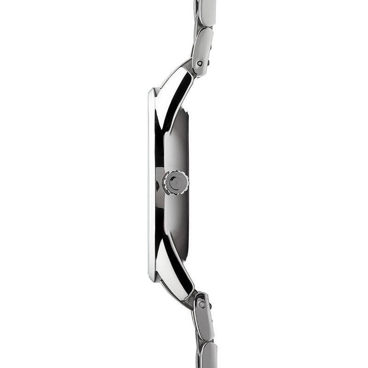Zijaanzicht van de Obaku Denmark Herenhorloge 40mm - V171GM CWSC met slanke zilverkleurige kast en metalen schakelband. Elegant design voor heren.