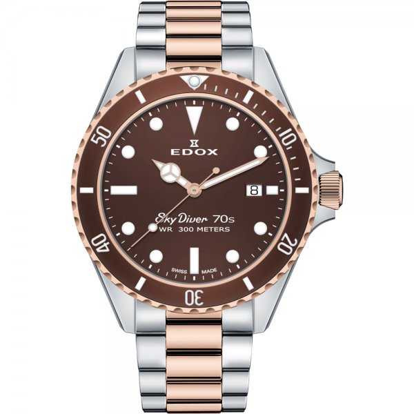 Edox Skydiver 53017 357RBRM BRI Heren Duikhorloge 42 mm met bruin wijzerplaat, roségouden bezel en bicolor stalen band. Swiss Made duikhorloge waterdicht tot 300 meter, ideaal voor stijlbewuste duikers.