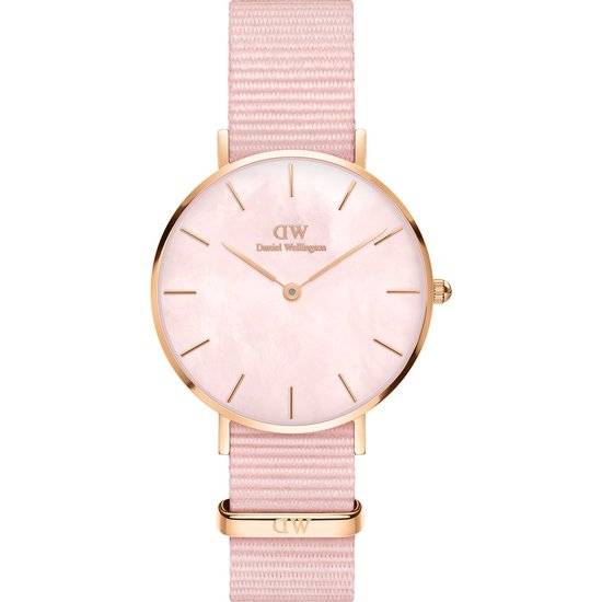 Daniel Wellington Petite Coral DW00100515 dameshorloge 32mm met roze nylon band en roségouden kast, elegant en modern design.