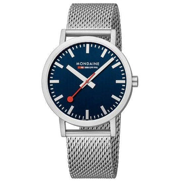 Mondaine Classic Spoorweg Horloge 40mm M660.30360.40SBJ met blauwe wijzerplaat, roestvrijstalen mesh band en Zwitsers quartz uurwerk voor heren.