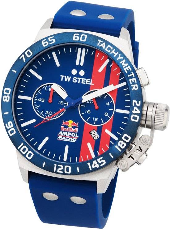 TW Steel TWCS120 Canteen Chronograaf Herenhorloge 45mm met blauwe wijzerplaat, rode accenten en tachymeter, voorzien van een robuuste blauwe siliconen band.