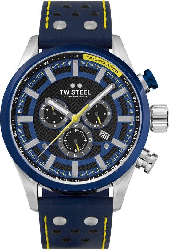 TW Steel TWSVS208 Volante Fast Lane Limited Edition Swiss chronograaf herenhorloge met 48mm kast, blauwe tachymeter en leren band met gele accenten.