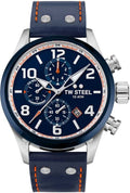 TW Steel TWVS90 Volante chronograaf herenhorloge 48mm met blauwe wijzerplaat, zilverkleurige kast en blauw lederen band met oranje stiksels.