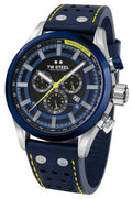 TW Steel TWSVS208 Volante Fast Lane Limited Edition Swiss Chronograaf 48mm heren horloge met blauw leren band en tachymeter. Luxe design met gele accenten en precisie uurwerk.