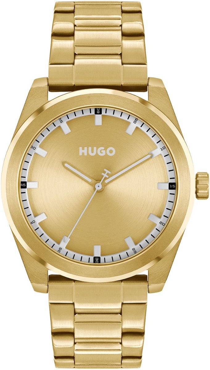 Hugo Boss Orange Bright HU1530354 herenhorloge 42mm met goudkleurige roestvrijstalen band en minimalistisch design. Stijlvol accessoire voor heren.