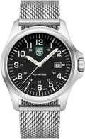 Luminox P-38 GMT Herenhorloge 44mm Serie 9520 met zwart wijzerplaat, datumweergave en roestvrijstalen mesh band, Swiss Made design.