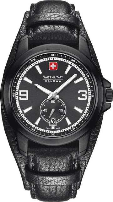 Swiss Military Hanowa horloge 42 mm kopen met zwart leren bandje en zwarte wijzerplaat. Stijlvol herenhorloge met datumweergave en Zwitsers uurwerk.