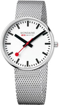 Mondaine Herenhorloge 42mm - Giant MSX.4211B.SM met wit wijzerplaat, rode secondewijzer en roestvrijstalen mesh band. Swiss Made design voor heren.