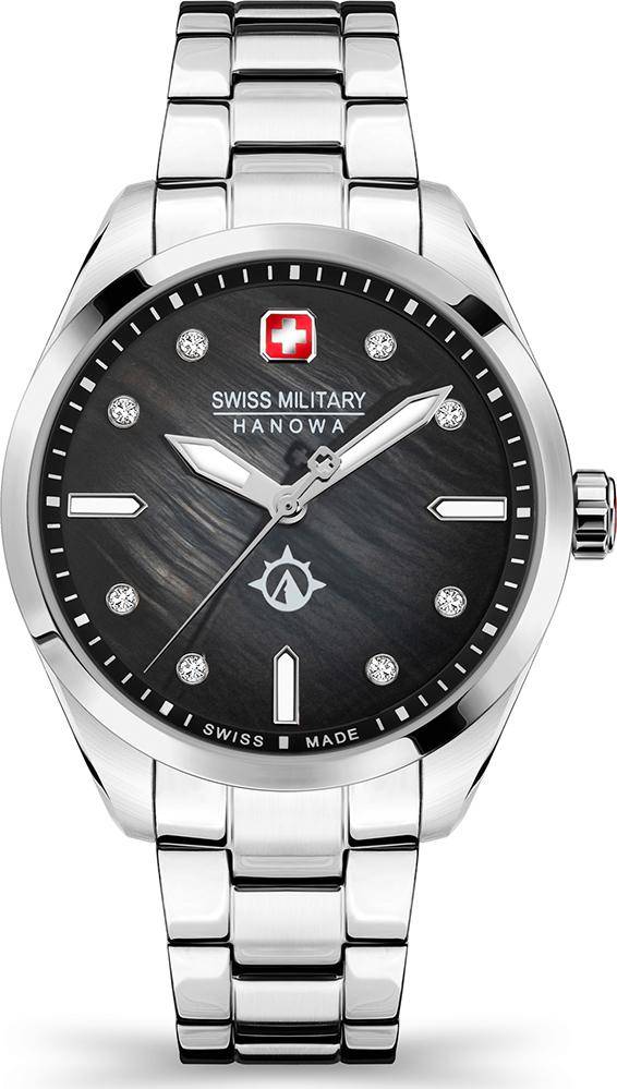 Swiss Military Hanowa Mountain Crystal Dameshorloge 37mm met zwarte parelmoer wijzerplaat en zilverkleurige roestvrijstalen band. Luxe dames horloge met Zwitserse precisie en fonkelende kristallen indexen.