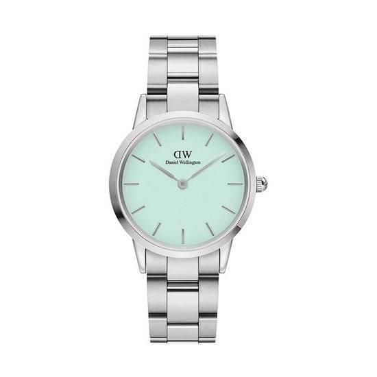Daniel Wellington Iconic Link Capri 32mm horloge voor dames met zilveren schakelband en mintgroene wijzerplaat. Elegant en tijdloos ontwerp.