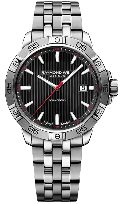 Raymond Weil Tango 300 Duikhorloge 45mm 30ATM met zwarte wijzerplaat, roestvrijstalen kast en band, ideaal voor heren duikers.