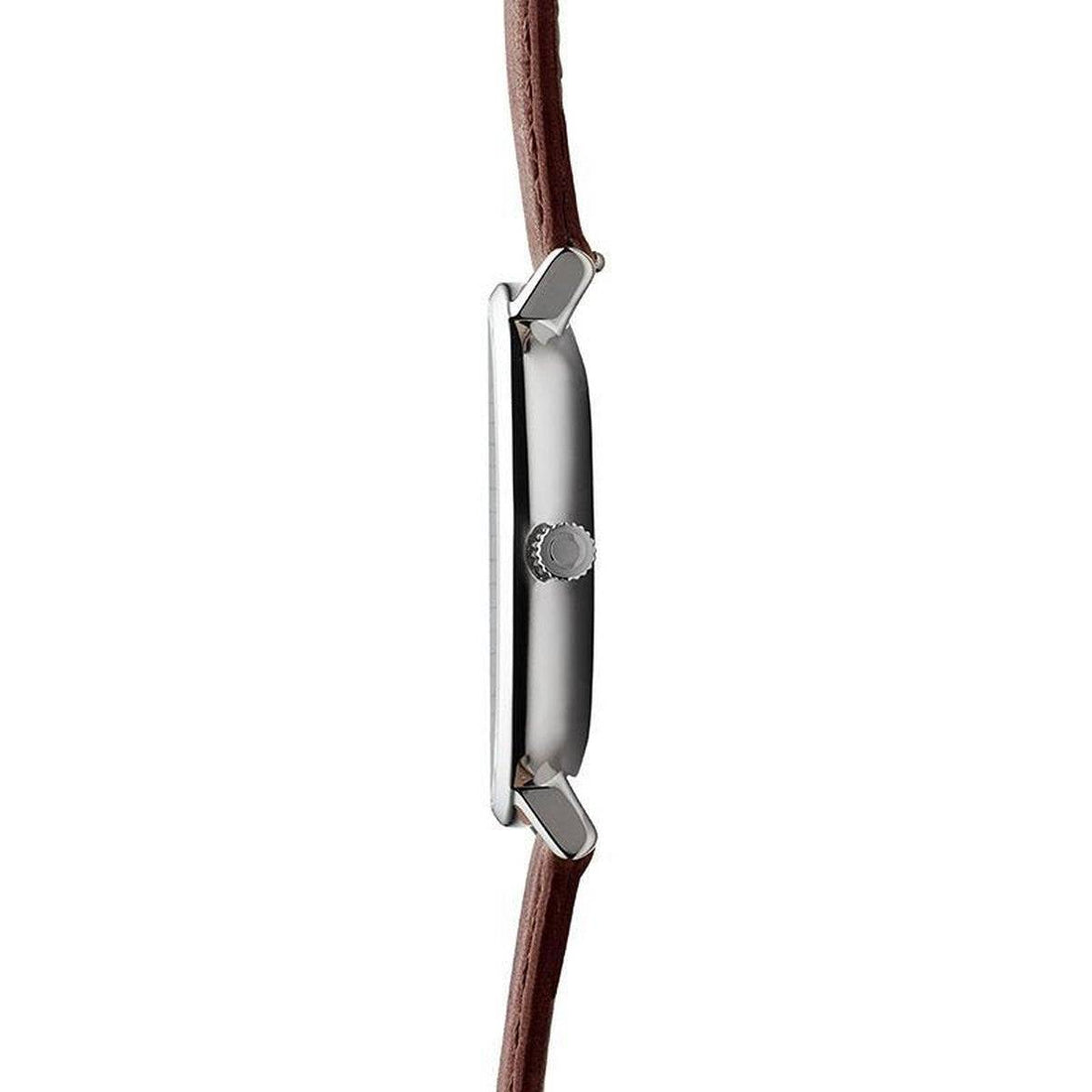 Obaku Denmark Dameshorloge 37mm met witte wijzerplaat en bruin leren bandje, minimalistisch design voor dames. Elegant horloge in Scandinavische stijl.