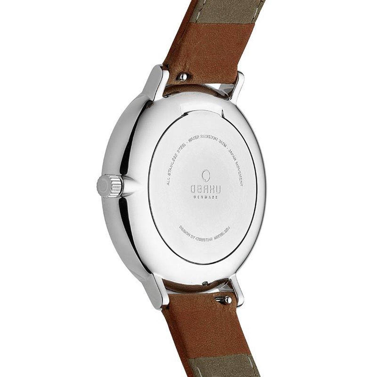 Achterzijde van Obaku Denmark Dameshorloge 37mm met roestvrijstalen kast en bruin leren bandje. Luxe dames horloge in minimalistisch Scandinavisch design.