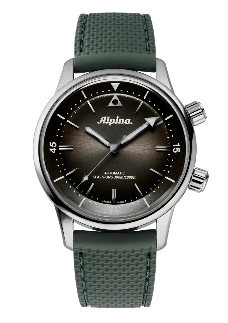 Alpina Heritage Diver 300 herenhorloge 42mm met groene rubberen band en zwart-grijze wijzerplaat. Swiss Made automatisch duikhorloge voor heren.