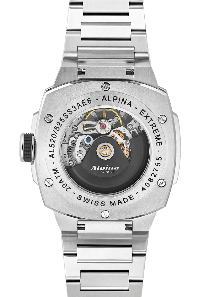 Achterkant van de Alpina Alpiner Extreme Herenhorloge 41mm met zichtbaar automatisch Swiss Made uurwerk en roestvrijstalen band.