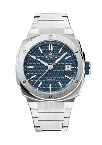 Alpina Alpiner Extreme Herenhorloge 40mm met blauw geometrisch patroon op wijzerplaat en roestvrijstalen band. Swiss Made automatisch horloge voor heren.