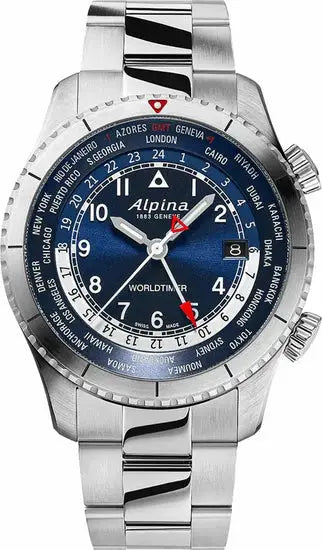 Alpina Startimer Pilot AL-255N4S26B Worldtimer herenhorloge van 41mm met blauw wijzerplaat en roestvrijstalen band. Ideaal voor piloten en reizigers.