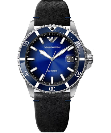 Armani Herenhorloge AR11516 - Grijs RVS Kast, Zwart Leer, Blauwe Wijzerplaat, 41-45mm