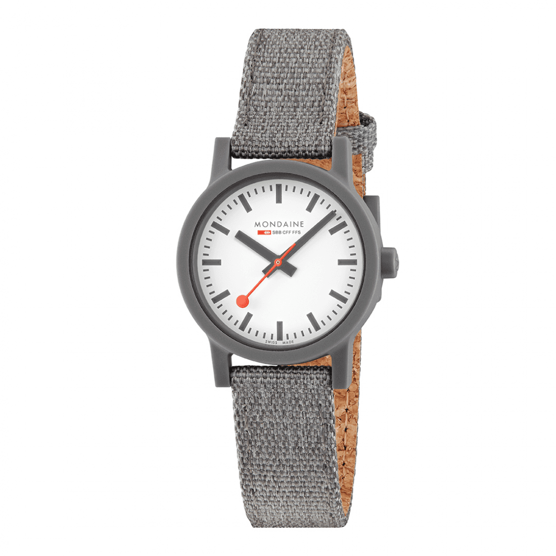 Mondaine Dameshorloge 32MM - Essence Kunststof met grijze textielband en minimalistisch Zwitsers design. Duurzaam horloge voor dagelijks gebruik.