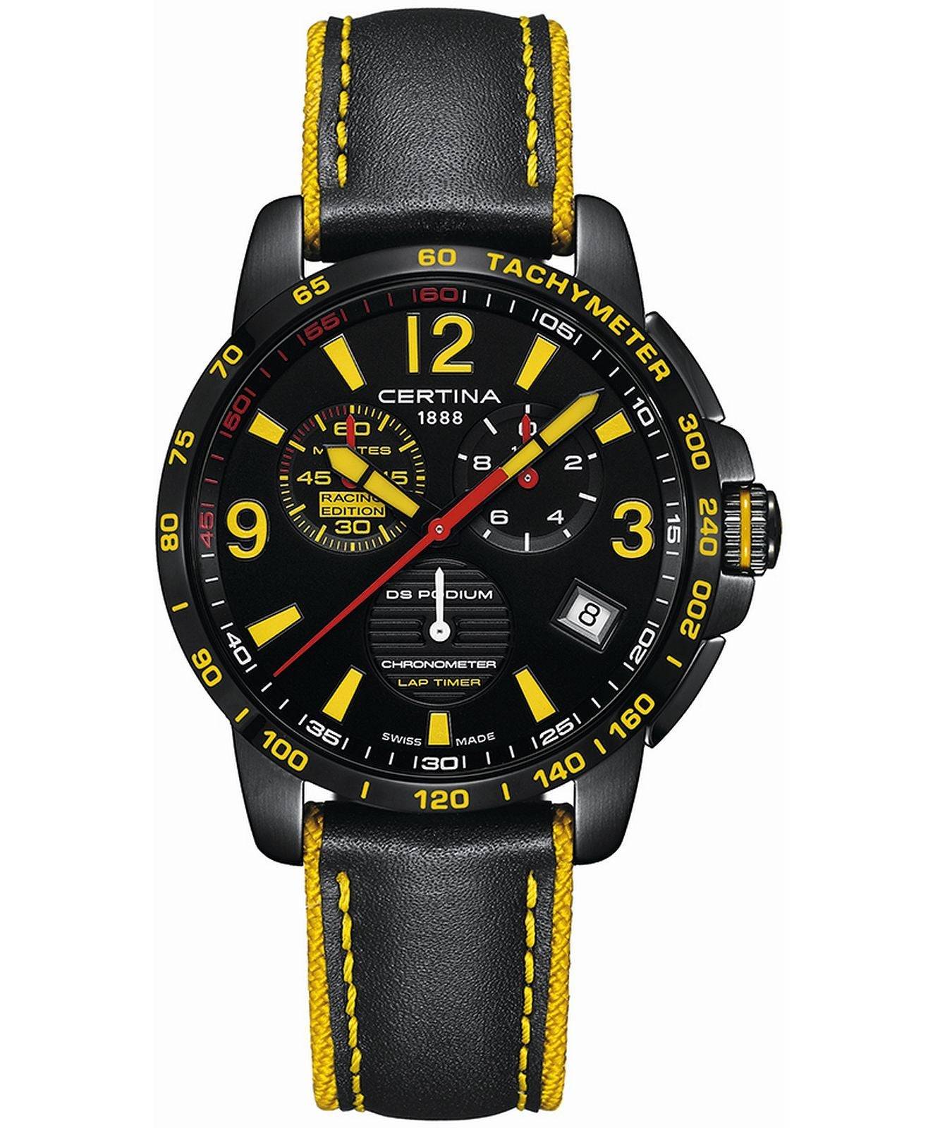Certina DS Podium c034453360571 Herenhorloge 42mm met zwart-geel design, tachymeter en chronometerfunctie, Swiss Made kwaliteitshorloge.