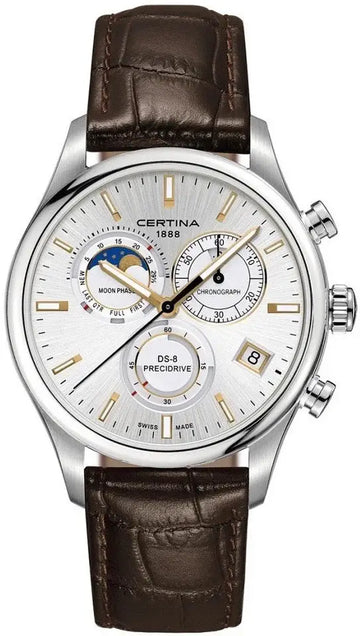 Certina DS-8 Chronograaf Moon Phase Herenhorloge 42mm met zilverkleurige wijzerplaat, bruine lederen band en maanfasenfunctie. Luxe Swiss Made horloge voor heren met chronograaf en datumweergave.